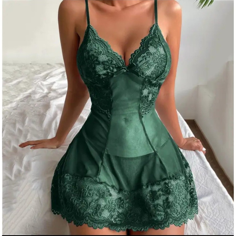 NEW GREEN Lace Mesh Chemise & Thong Set – European Style Lingerie Sexy Negligee